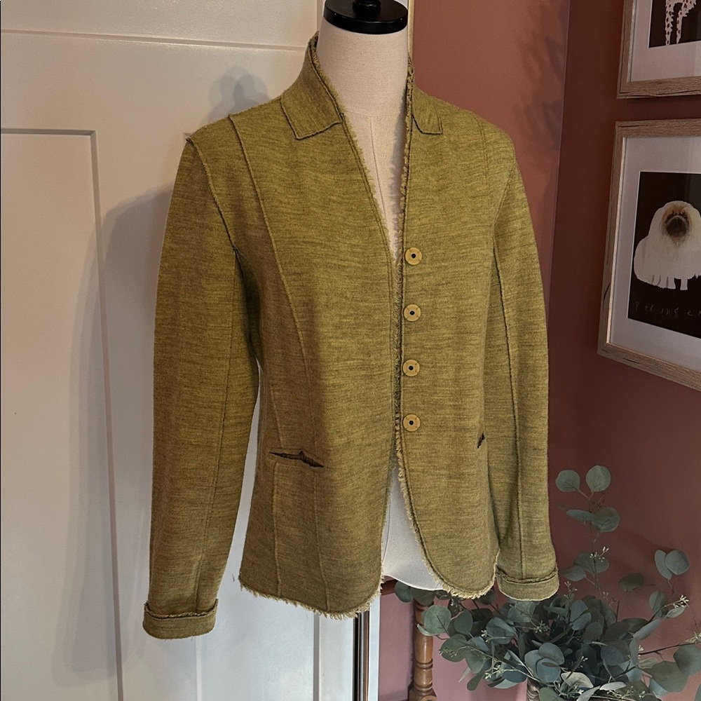 Eileen Fisher Olive Charcoal merino wool nylon cardigan S faux pockets Sweater